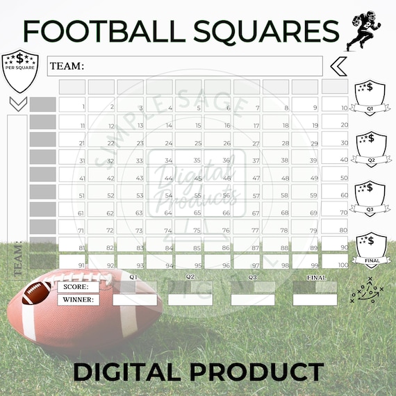Football Squares Game: 100 Square Grid, Party Game (PDF)