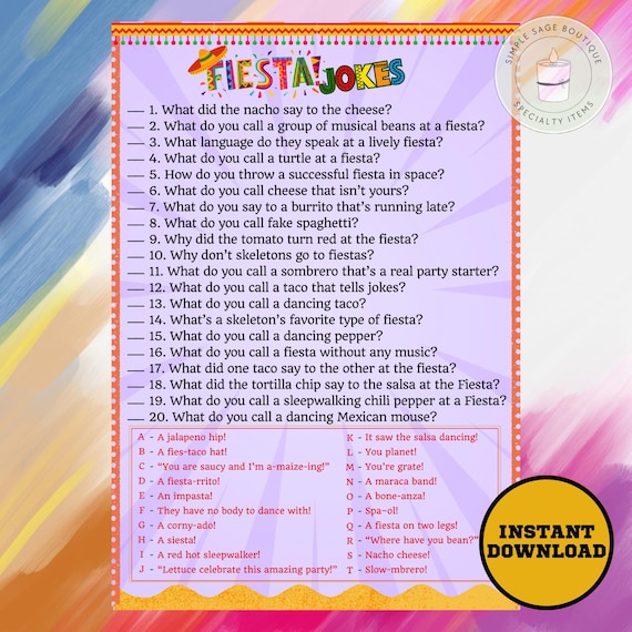 Fiesta Jokes Game, Printable Mexican Party Trivia (PDF Pattern)