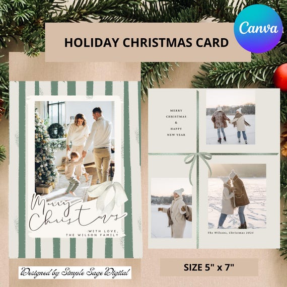 Editable Bow Stripe Christmas Photo Card Template, Year In Review (Digital Download)