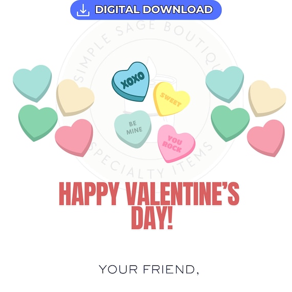 Candy Hearts Valentine Cards Printable: Kids Valentine SVG, PNG (Digital Download)