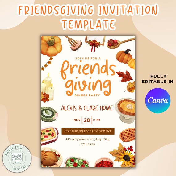 Friendsgiving Invitation Template, Fall Dinner Party Invite (Digital, Editable Canva)