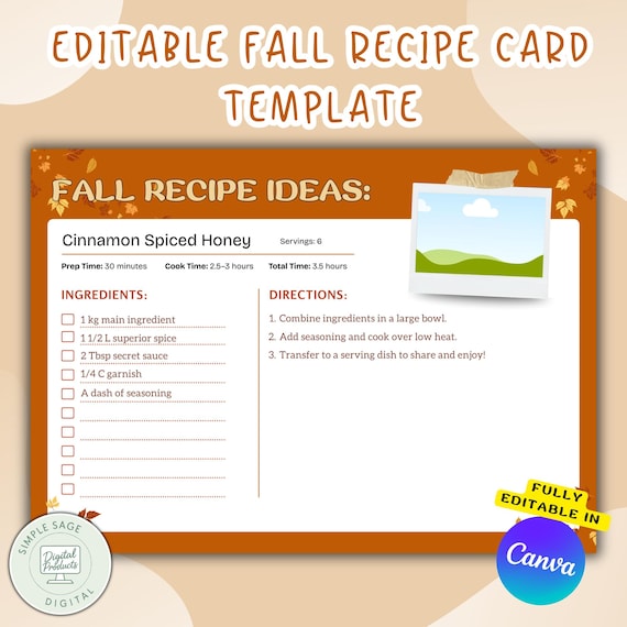 Editable Fall Recipe Card Template, 7x5 (Canva Download)