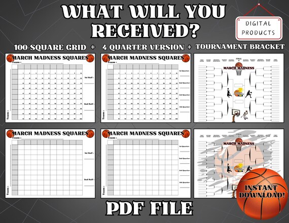March Madness Bundle, 100-Squares, 4 Quarter Bracket, Printable March Madness Bracket Tournament, March Madness Basketball Squares svg png