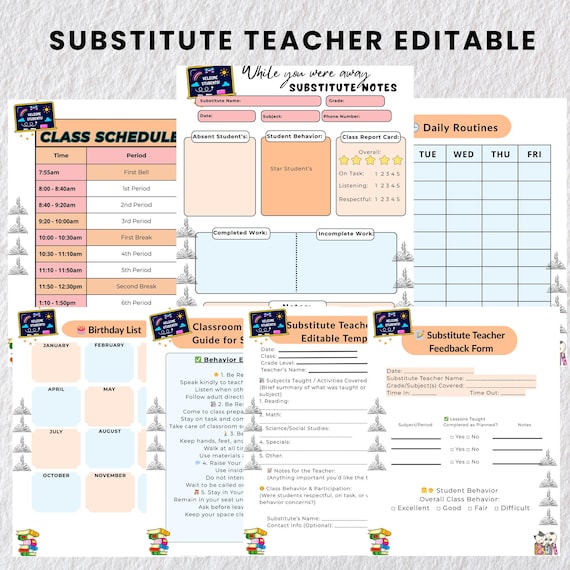 Editable Substitute Teacher Note Template: Printable Classroom Planner (PDF Download)