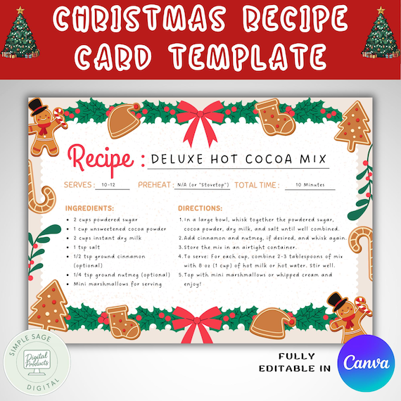 Christmas Recipe Card Template, Editable Holiday Cookie Exchange Gift (Digital)