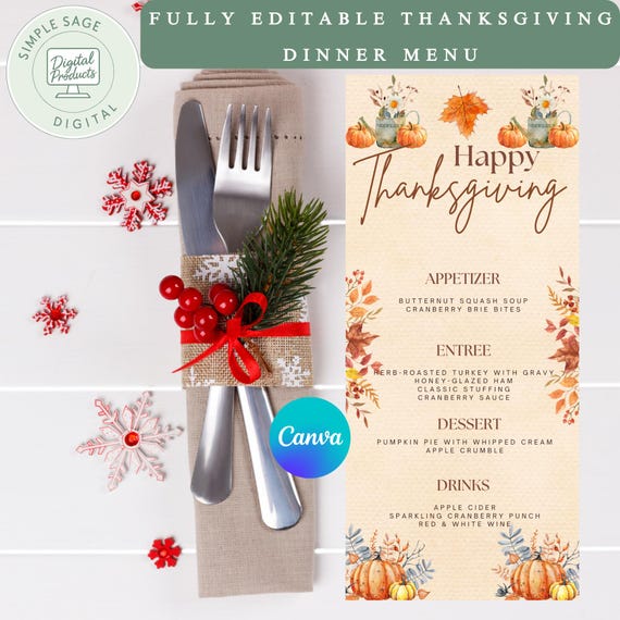 Thanksgiving Dinner Menu Template, Fall Pumpkin Floral (Canva Editable)