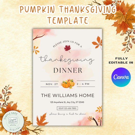 Minimalist Thanksgiving Invitation Template, Editable Pumpkin Dinner Invite, Modern Canva Template