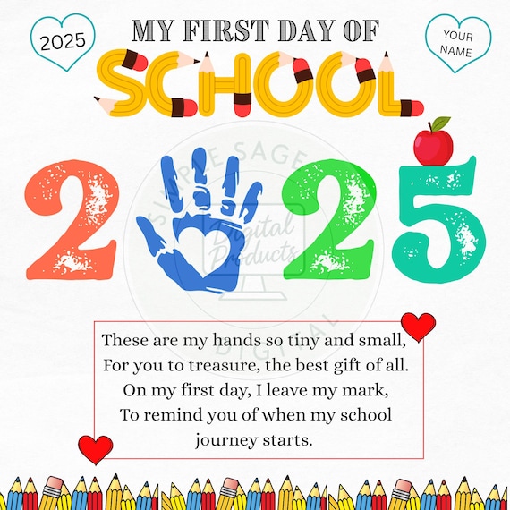 Editable Handprint Keepsake | First Day of School Poem | Preschool PreK Kindergarten Art Activity