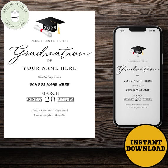 Editable Graduation Invitation 2025: High School or College Party (Digital Download, 5x7 & Mobile Sizes)