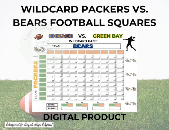 Bears vs. Packers Wildcard Football Squares Game in Color: 100 Square Grid, CMYK (PDF)