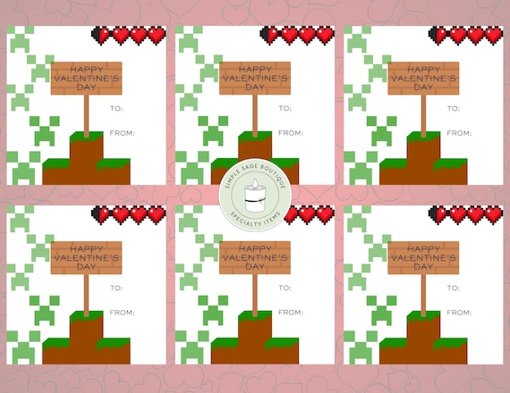 Minecraft Heart Video Gamer Cards, Valentines for Kids Tweens, Pixel Valentine’s Day Printable Digital Download, Gaming PNG, Gamer Valentine