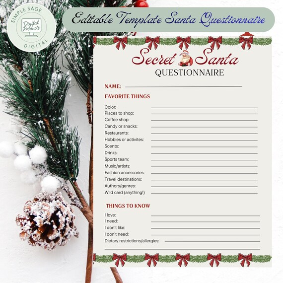 Printable Secret Santa Game | Christmas Party Questionnaire | Editable Kris Kringle Survey Template