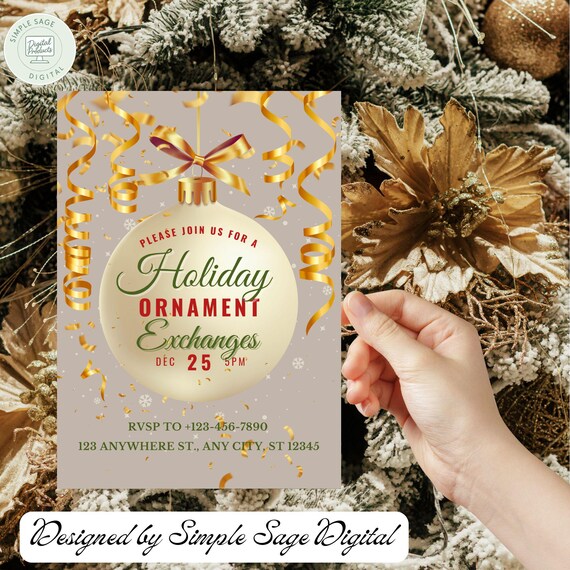 Printable Ornament Exchange Party Invitation, Retro Holiday Evite, Editable Xmas Invite