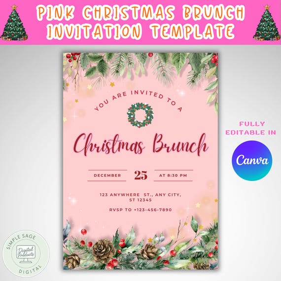 Pink Christmas Brunch Invitation, Watercolor Pine (Digital Template)
