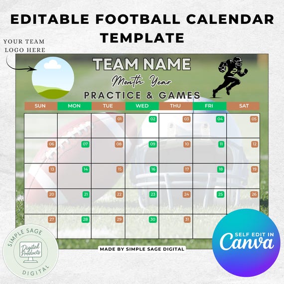 Editable Football Calendar: Team Schedule Planner (Digital Download, PDF/Canva Template