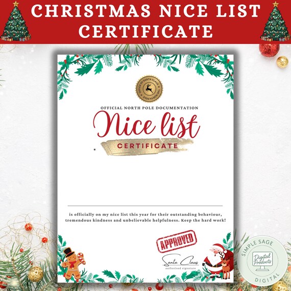Christmas Nice List Certificate | 8.5x11 PDF & PNG | Christmas Organization