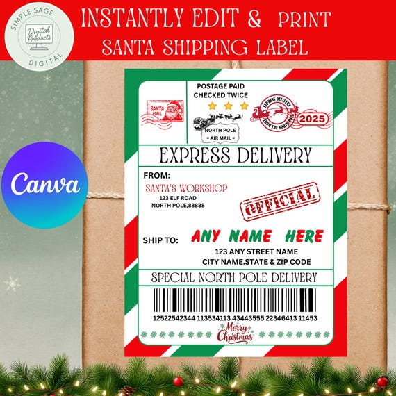 Editable Santa Shipping Label Template, North Pole Christmas Gift (Digital Download)