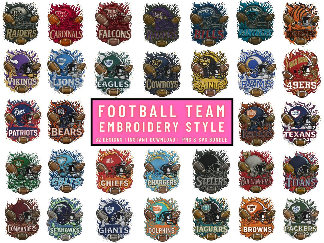 Football Team Embroidery Designs: SVG PNG Clipart Bundle (digital ...
