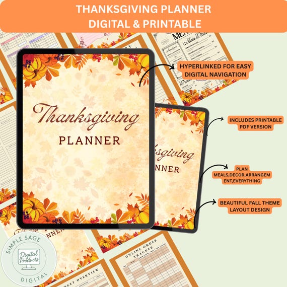 Editable Thanksgiving Binder | Digital Meal Planner & Organizer | Grocery List + To-Do Checklists
