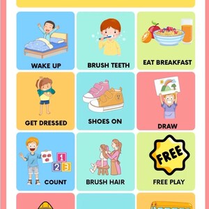 Puede incluir: Un gráfico colorido con ilustraciones de actividades para ayudar a prepararse para el día. Las actividades incluyen despertarse, cepillarse los dientes, desayunar, vestirse, ponerse los zapatos, dibujar, contar, cepillarse el pelo, jugar libremente, ponerse un impermeable, conducir un coche y tomar el autobús escolar.