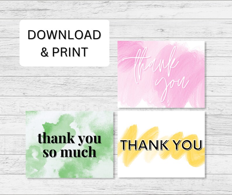 Set of 5 Printable Thank You Card Bundle Minimalist Watercolor Thank ...