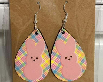 Easter Peep/Bunny Teardrop Dangle Ligthweight Wooden Earrings Pink