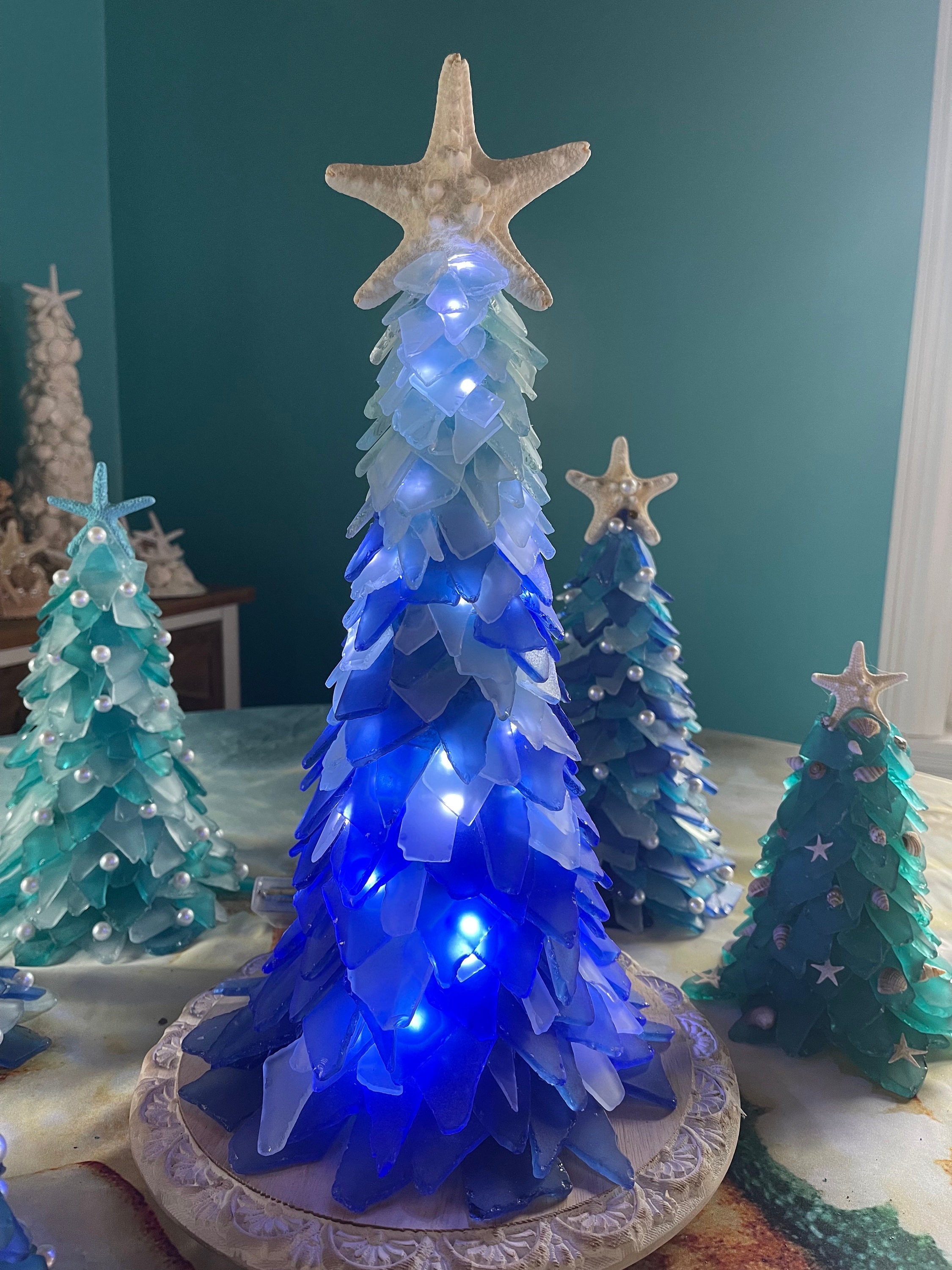 FREE SHIPPING 7 10 12 15 Large Blue & White Lighted Sea Glass Tree