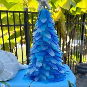 SEAGLASS TREE with lights, Cobalt Blue, 5-15” Turquoise Sea Glass Tree, Coastal home decor, Beach Wedding decor,  Coastal Tree with Starfish