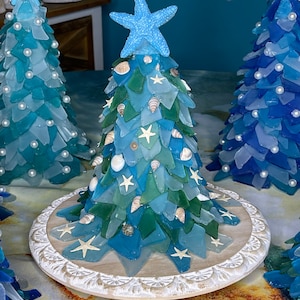 SEAGLASS TREE with lights, aqua Blue Turquoise lighted  Sea Glass Tree, Beach Glass Tree Coastal home decor beach decor Sea Glass Starfish