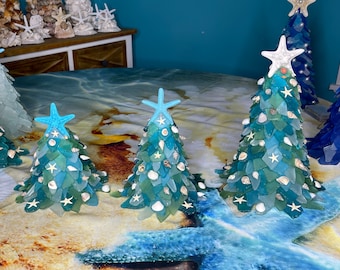 FREE SHIPPING 5” 7" 10” 12" 14" Aqua Blue Turquoise Sea Glass Tree, Beach Glass Tree Coastal home decor beach decor  Sea Glass Starfish Tree