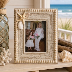 Coastal Starfish Seashell Photo Frame, Beach Wedding Decor, Resin Embellished