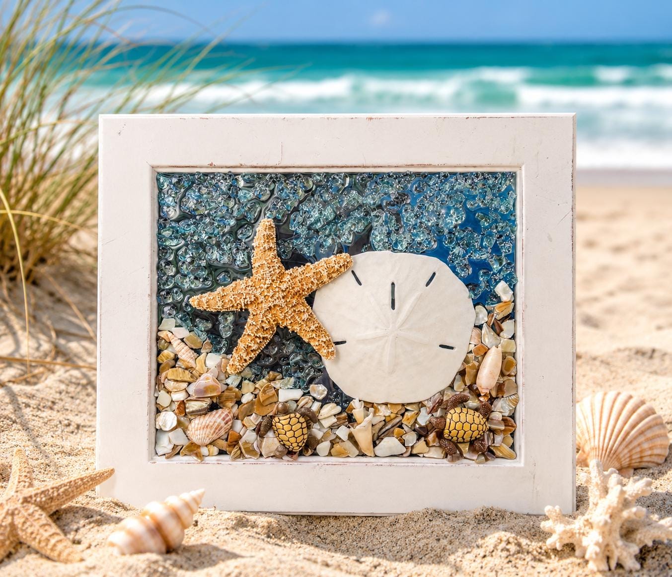 SANDFISH ボード USA製 Handmade Sand Dollar & Starfish Resin Photo Frame - Coastal Decor