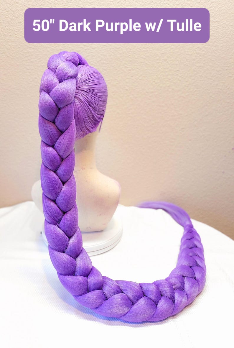 May include: A 50-inch dark purple synthetic hair extension styled in a thick, long braid. The hair is attached to a mannequin head and features a smooth, pulled-back crown section. The text 50" Dark Purple w/ Tulle is visible at the top.