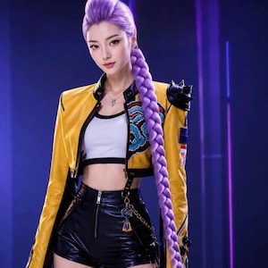 May include: A person with long purple hair styled in a high ponytail and a thick braid. They are wearing a yellow cropped jacket with black accents and a graphic design, a white crop top, and black leather shorts with a decorative chain accessory.