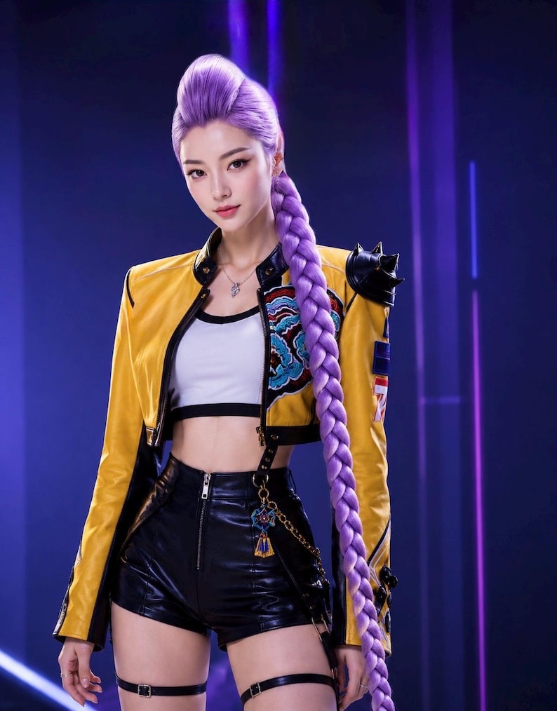 May include: A person with long purple hair styled in a high ponytail and a thick braid. They are wearing a yellow cropped jacket with black accents and a graphic design, a white crop top, and black leather shorts with a decorative chain accessory.