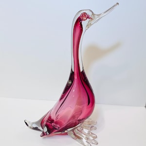 Vintage Murano Glass 9.7&quot; Barbini Duck/Bird - Cranberry w/Gold - Excellent!
