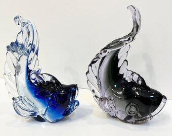 Vintage Murano Glass Fish Pair - Excellent Condition - Very RARE - One Glows (Selenium)