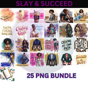 May include: A set of 25 digital illustrations featuring black women in various poses and settings. The illustrations are in a colorful, modern style and include quotes such as "Crushing Goals", "Limitless Vibes", and "Self Made".