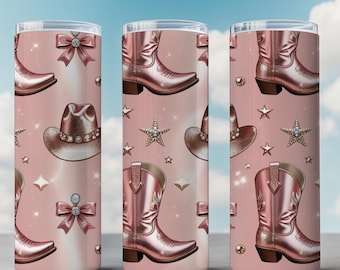 Tumbler avvolgente con stivali da cowgirl rosa, tumbler sottile Glam Western da 20 once, stampa a sublimazione PNG