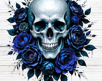 Goth skull png sublimation, blue rose skull shirt design, gothic halloween png, edgy skull printable for shirts, biker floral skull png