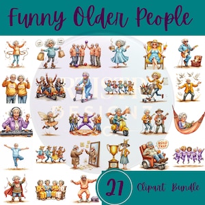 Funny Older People Clipart Bundle, Senior Citizen Clip Art, Quirky Retirement PNGs, Elderly Character Graphics for Cards, T-Shirts & Crafts
