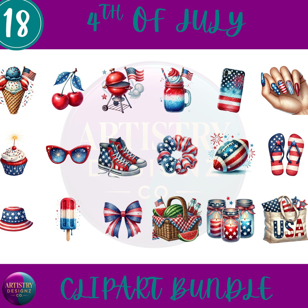 4th of July Clipart Bundle Patriotic Watercolor USA Elements for Crafts ...