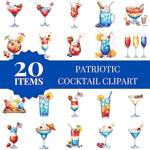 Ensemble de cliparts cocktail patriotique | Illustrations de la boisson du 4 juillet | Boissons d'été aquarelles rouges, blanches et bleues