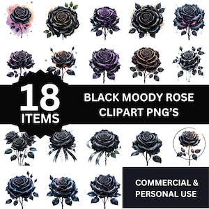 Black moody rose clipart bundle png | gothic floral clipart for dark art, tattoo design, sublimation, junk journaling, witchy decor crafts