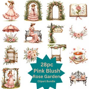 Rosa blush rosträdgård Clipart-paket PNG, viktoriansk dam akvarell Clipart, Cottagecore blommig PNG, skräpjournal Clipart, trädgårdsfest