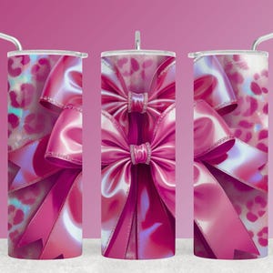 Felroze coquette-bekeromslag – iriserende luipaardprint en satijnen strik 20 oz skinny, png