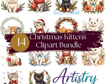 Christmas Kitten Clipart Bundle PNG | 14 Cute Holiday Cats | Winter Cat Sublimation Graphics | Digital Instant Download