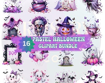 Pastel Halloween Ghost Clipart Bundle for Sublimation, Cute Halloween PNGs for Crafts, Pink Purple Ghost Graphics, 16 PNG Downloads