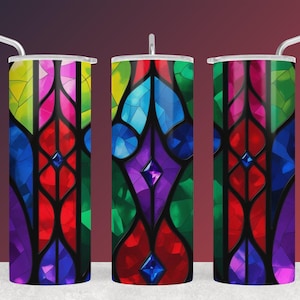 Stained Glass PNG Tumbler Wrap Bright Jewel Tone Cathedral Style for 20oz Skinny Sublimation