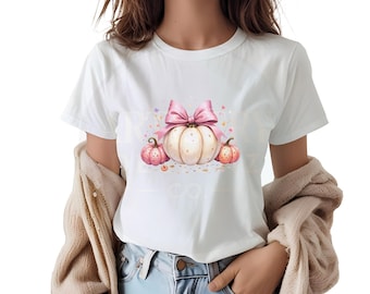 Pink pumpkin shirt png, fall sublimation design, girly thanksgiving png, cute fall shirt for women, bow pumpkin png for tees & sweaters